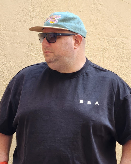 BBA heavyweight oversized tee in Midnight Black, front view