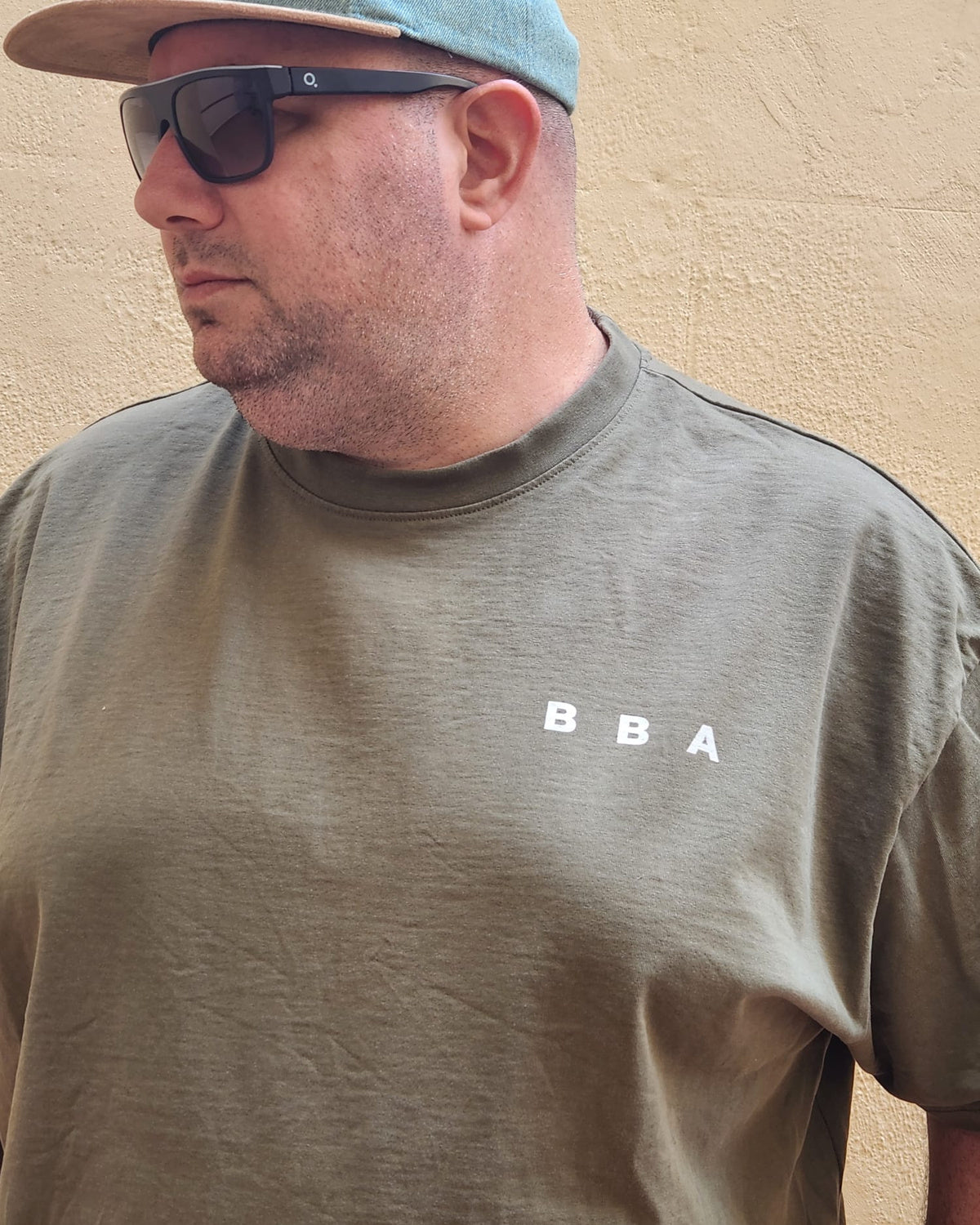 BBA heavyweight oversized tee in Olive Green, front view